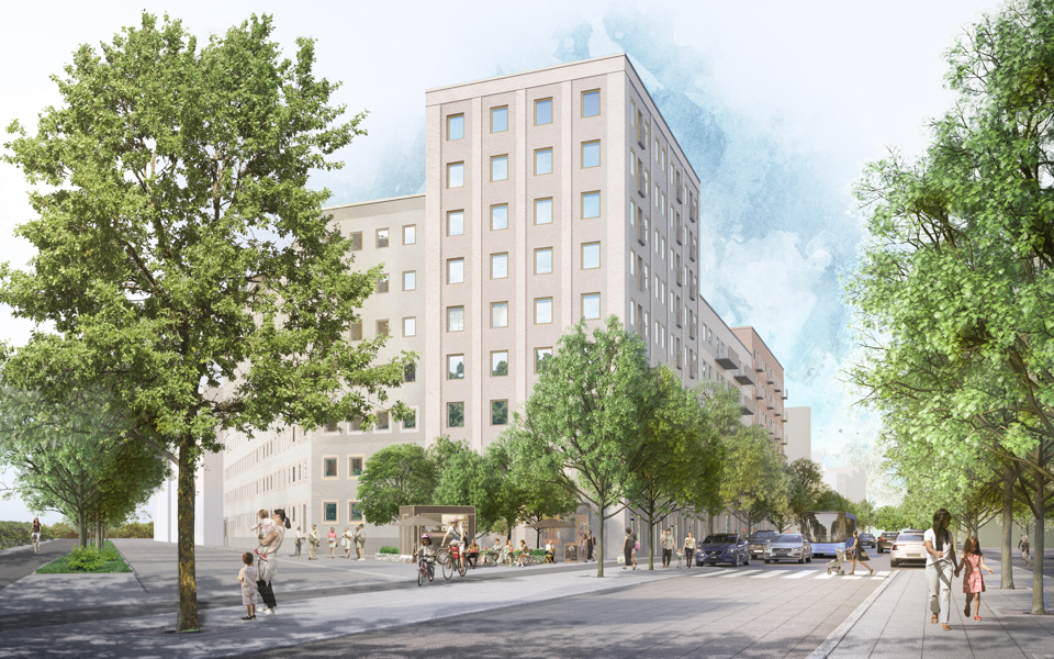 Nya bostäder sett från huvudgatan. Bild. Semrén Månsson arkitekter